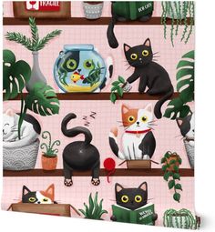 an illustrated book with cats and plants on the shelf in front of it, which is also filled with potted plants