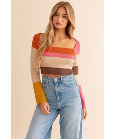 Callie Color Block Stripe Sweater Long sleeve color block stripe knit top. Top Manga Larga, Square Neck Design, Top Manga, Stylish Top, Ribbed Knit Top, Striped Crop Top, Knit Crop Top, Color Block Sweater, Knit Crop