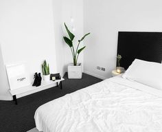 a white bed sitting in a bedroom next to a plant