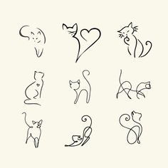 a set of nine hand drawn cats with different shapes and sizes, all in black on a white background