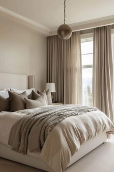 Cozy bedroom with neutral decor, featuring a bed with plush pillows and a knitted throw blanket, flanked by tall windows with beige curtains. Brown And White Bedroom Ideas Cozy, Neutral Hotel Room, Cool Tone Bedroom Ideas, Neutral Colour Bedroom, Tan Bedroom Ideas Neutral Tones, Classy Bedding, Bedroom Ideas Earthy, Bedroom Ideas Aesthetic Cozy, Bedroom Cozy Aesthetic