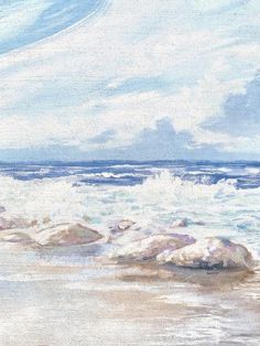 a painting of the ocean with rocks in the foreground