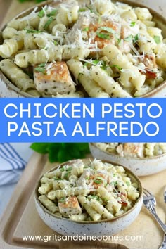 chicken pesto pasta in a white bowl with parmesan cheese