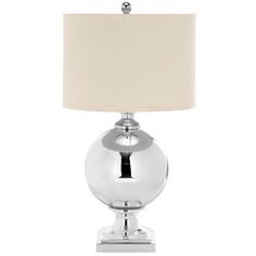 a chrome lamp with a white shade on the base and a light bulb attached to it