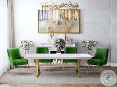 a dining room with green chairs and a white table in front of a painting on the wall