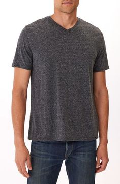 A softly slubbed knit brings casual, old-favorite vibes to a T-shirt crafted for feel-good comfort with recycled and sustainably produced fibers. 28" length (size Medium)   V-neck   Short sleeves   50% recycled polyester, 38% organic cotton, 12% rayon   Machine wash, dry flat   Imported Casual Washed Black T-shirt For Loungewear, Washed Black Crew Neck T-shirt For Loungewear, Casual Tri-blend Crew Neck T-shirt, Comfortable Gray Crew Neck T-shirt, Casual Washed Black Tops For Gatherings, Crew Neck Washed T-shirt For Casual Gatherings, Washed Crew Neck T-shirt For Casual Gatherings, Casual Washed T-shirt For Gatherings, Black Casual T-shirt For Gatherings