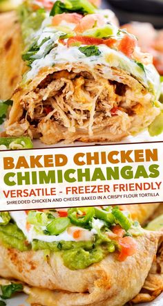 baked chicken chimichangas with veggies, cheese and guacamole