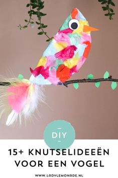 a colorful bird sitting on top of a tree branch with the words diy written in german