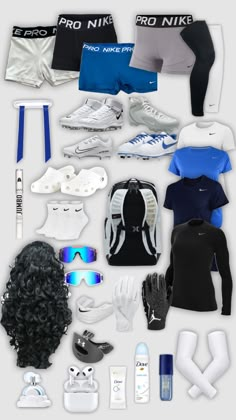 an assortment of sports gear including shoes, gloves and water bottles is shown in this image