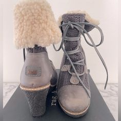 Such A Cute Fall Or Winter Shoe With A Little Height Boost And Comfortable Rubber Wedge. Sherpa Lined For Warmth And Comfort. It’s Like A Fancy Ugg Boot Synthetic Winter Wedge Heel Boots, Winter Synthetic Wedge Heel Boots, Synthetic Wedge Heel Boots For Winter, Casual High Heel Wedge Boots With Reinforced Heel, Winter Wedge Boots With Stacked Heel And Round Toe, Shoe References, Ugg Boot, Shoes Grey, Sherpa Lined