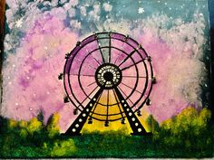 a painting of a ferris wheel in front of a purple and blue sky with stars