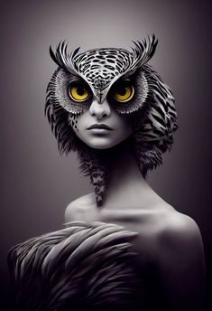 a woman with an owl's head and yellow eyes is shown in this artistic photo