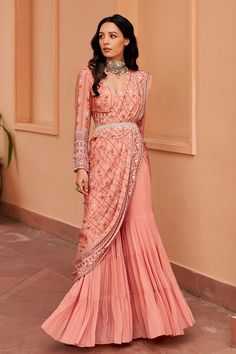 Buy Pink Crepe Printed Floral Stripe Blunt V Pre-draped Saree With Blouse For Women by Chhavvi Aggarwal Online at Aza Fashions. Sharara Saree, Dhoti Saree, Drape Saree, Blouse For Women, Indian Designer Outfits, Embroidery Suits, Saree With Blouse, Floral Stripe, Aza Fashion