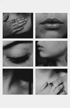 black and white photo of woman's face with rings on her finger, nose, lips