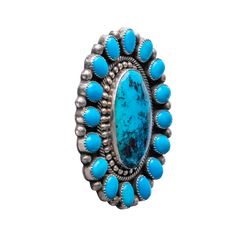 Size: 10 Ring Face: 2 1/4" x 1 3/4" This stunning cluster-style ring, meticulously crafted by Navajo artist Hemerson Brown, features renowned Sleeping Beauty Turquoise prized for its vibrant sky-blue color and minimal matrix. The central oval turquoise stone is beautifully framed by two concentric circles of smaller round turquoise cabochons, creating a striking and harmonious design. Each stone is set in a detailed sterling silver bezel that enhances the gem’s natural brilliance. Brown's intricate silver-work includes delicate beading and scalloped edges that add texture and depth to the piece. This ring is a magnificent example of traditional Navajo jewelry techniques with a modern aesthetic. It's an ideal choice for anyone seeking a statement piece that combines cultural heritage with c Collectible Blue Multi-stone Turquoise Ring, Collectible Multi-stone Blue Turquoise Ring, Southwestern Multi-stone Turquoise Ring, Concentric Circles, Navajo Jewelry, Jewelry Techniques, Sleeping Beauty Turquoise, Silver Work, Scalloped Edges