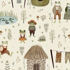 an image of a pattern with animals and clothes on the clothesline in front of a house