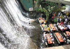 there are many people sitting at tables in front of a waterfall with the words floating restaurant at villa escudero, philippines