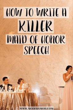 a man and woman sitting at a table with the words how to write a killer mind of honor speech