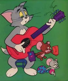 an image of a cartoon cat playing the guitar with a mouse and other animals around it