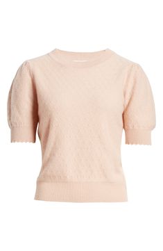 Puffed sleeves sweeten the look of this sweater knit with delicatedly textured pointelle stitches from soft, luxe cashmere. 21" length (size Medium) Crewneck Short sleeves 100% cashmere Dry clean Imported Feminine Fine Knit Sweater, Feminine Pointelle Knit Sweater, Spring Cashmere Sweater With Pointelle Knit, Spring Puff Sleeve Pointelle Knit Sweater, Feminine Pink Pointelle Knit Sweater, Feminine Pointelle Knit Sweater With Crew Neck, Fitted Pointelle Knit Sweater With Puff Sleeves, Feminine Pointelle Knit Crew Neck Top, Feminine Textured Knit Crew Neck Top