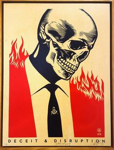 a skull wearing a tie with flames behind it and the words deceit & disarption