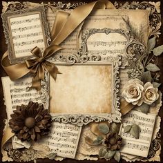 an old fashioned photo frame decorated with sheet music and flowers