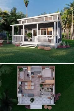 two pictures of small houses with porches and balconies in the front yard