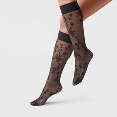 Elevate your outfit for any occasion with these Viney Floral Sheer Fashion Knee Highs from A New Day™. These fashion knee highs are crafted from lightweight fabric with added spandex to provide breathable comfort for all-day wear. Plus, banded cuffs offer a snug fit. Featuring a viney floral sheer design, these knee highs make a great go-to pair for dressy looks you style with a variety of shoes. A New Day™: Style that goes wherever you do. Knee High Tights Outfit, Spring Sheer Fitted Hosiery, Sheer Fitted Hosiery For Spring, Fitted Sheer Hosiery For Spring, Fitted Knee-high Hosiery For Spring, Fitted Feminine Legwear For Spring, Fitted Knee-high Legwear For Spring, Fitted Knee-high Summer Legwear, Elegant Black Legwear For Spring