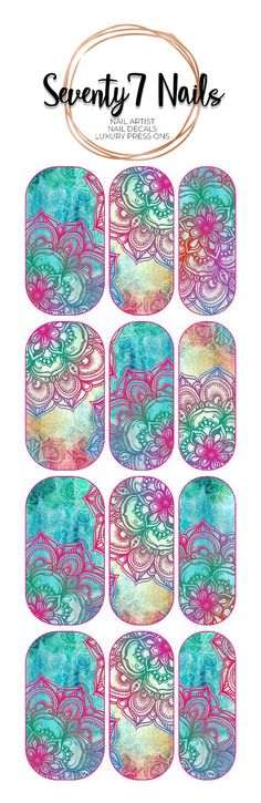 Water Slide Nail Decals - Watercolor Mandalas Disney Nail Decals, Nail Designs Bling, Nail Stickers Designs, Nail Decals Diy, Waterslide Nail Decals, Luxury Press On Nails, Disney Nails, Water Slide, Country Shirts