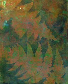 an abstract painting of leaves in green, orange and red