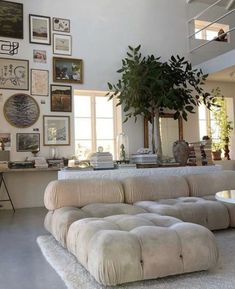 a living room filled with furniture and lots of pictures on the wall above it's windows