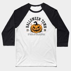 a white and black baseball shirt with an orange pumpkin on the front that says halloween town