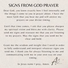 a poem written in black ink with the words, signs from god prayer on it