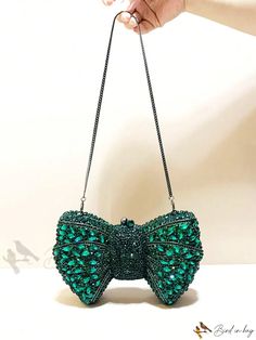 Bird in Bag - Silver and Green Crystal Bow Evening Purse for Wedding Bride, Rhinestone Embellished Bow Clutch Bag, Elegant Womens Green Rhinestone Party Evening Bag, Glamorous Green Event Bag, Green Rhinestone Party Bag, Elegant Green Evening Bag With Rhinestones, Green Embellished Wedding Bag, Green Embellished Bag For Events, Green Embellished Wedding Bags, Green Embellished Evening Bag For Wedding, Formal Green Embellished Clutch