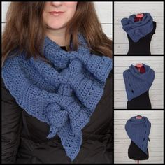 there is a woman wearing a blue crocheted scarf