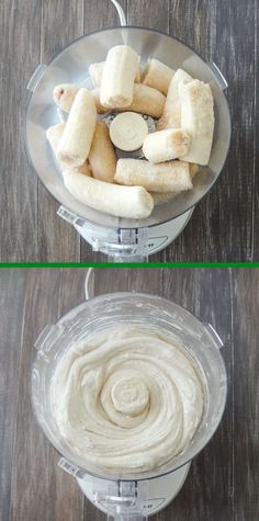 two pictures of bananas and cream in a blender