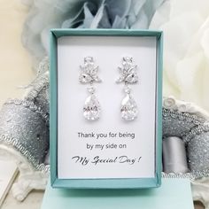 "⚠️⚠️⚠️ PLEASE MAKE SURE TO SEE THE PHOTO TO CHOOSE WHICH MESSAGE CARD NUMBER (#1-30) YOU WOULD LIKE ⚠️⚠️⚠️ SPECIFICATIONS: ♠ For Earrings * Metal Type : Rhodium plated * Material : Cubic Zirconia *Earrings Length : 1 5/16\" (3.4 cm) ♠ Message gift box * There is a white lining cushion behind the message card for added protection of the jewelry. * Box Size :2\" x 3\" * Box color : White, Kraft, Oatmeal, Jade Matte, Blue Ice Gloss, Forest Matte, Red Matte, Orchid Matte, Purple Matte, Navy Matte, Cubic Zirconia Earrings For Mother's Day Wedding, Mother's Day Gift Earrings With Cubic Zirconia, White Pear-shaped Crystal Earrings Gift, Personalized Cubic Zirconia Earrings For Gift, Teardrop Cubic Zirconia Crystal Earrings As A Gift, Hypoallergenic Sterling Silver Bridal Earrings For Wedding, Sterling Silver Dangle Bridal Earrings For Bridesmaid Gift, Cubic Zirconia Bridal Drop Earrings For Gift, Sterling Silver Dangle Earrings For Bridesmaids