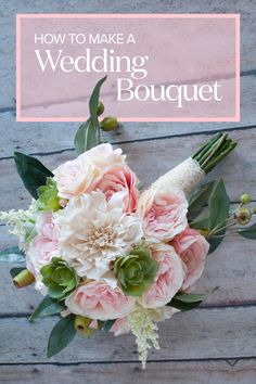 a bridal bouquet with pink flowers and greenery on the side of a wooden wall