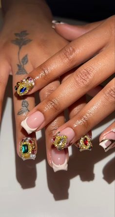 Nail Stone Placement Ideas, Indian Inspired Nails, Almond Birthday Nails Designs, Jewel Tone Nail Designs, Medium Length Nails Designs, Leo Inspired Nails, Short Rhinestone Nails, Leo Nails Zodiac, Capricorn Nails Designs