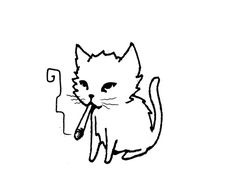 a black and white drawing of a cat holding a piece of paper in it's mouth