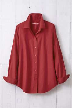 This button-down no-iron shirt is our bestselling favorite in lightweight, wrinkle-free cotton, perfectly versatile for tucking, layering or wearing solo. Reinforced placket, curved hem. Imported. Linen Ankle Pants, Red Button Down Shirt, Cotton Tunic Tops, Iron Woman, Iron Shirt, Knit Denim, Cotton Tunic, Casual Stripes, Red Shirt