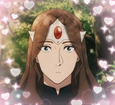 an anime character with long hair and blue eyes in front of heart - shaped lights