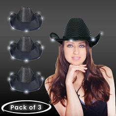 LED Light Up Flashing Sequin Black Cowboy Hat - Pack of 3 Hats Ranch Party, Light Up Hats, Mens Accessories Vintage, White Cowboy Hat, Sequin Hat, Black Cowboy Hat, Black Cowgirl, Black Cowboy, Cowgirl Hat