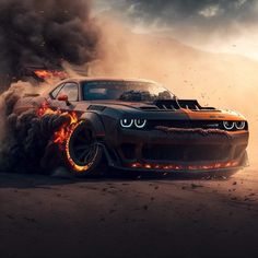 a car with flames coming out of it's tires