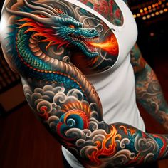 a woman with a dragon tattoo on her arm and chest, holding onto the arms of another person