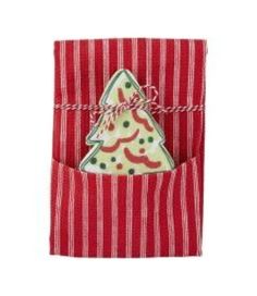 a red and white striped pocket with a small christmas tree on the inside of it