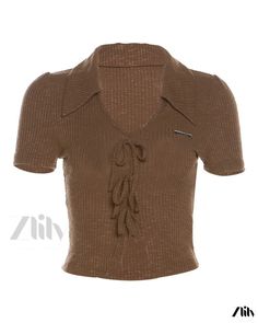 Zlily - Solid Color Seductive V-neck Crop Top with Tie Strap Brown V-neck Top For Summer, Trendy Brown V-neck Top, Chic Brown V-neck Top, Brown Knitted V-neck Top, Fitted Brown V-neck Crop Top, Brown Textured Knit V-neck Top, Neck Crop Top, Workout Clothes, Short Sleeves