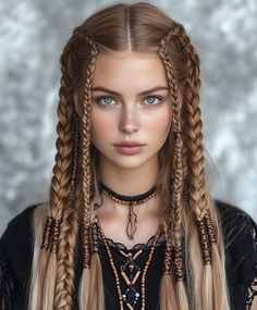 Viking Braids with Double Knotted Bun Viking Bride Hair, Buns With Braids Hairstyles, Multi Braid Hairstyles, Women’s Viking Hairstyles, Braided Hair With Beads, Viking Hair Tutorial, Pirate Hairstyles For Women, Long Braid Hairstyles, Greek Goddess Hair