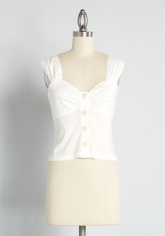 You will feel serene in springtime style when you rock this white cotton tank top from our ModCloth namesake label. Inspired by the effortless chicness of vintage country-western style, this semi-fitted top has gorgeously shirred detailing at the tank straps and flirty sweetheart neckline, a full button-up front, along with a smocked panel at the back for ease of fit. We could sing about this top forever, but we’d rather you take the mic ! Cotton. Machine wash. Fabric does not provide stretch. S Vintage Style Swimwear, Wardrobe Building, Casual Dresses Plus Size, Midi Dress Plus Size, Vintage Swimwear, Plus Size Outerwear, Casual Rompers, Midi Dress Casual, Plus Size Sweaters