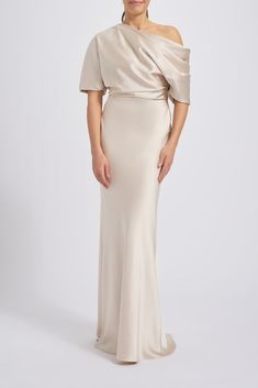 The Slouch Dress - Fluid Satin off-one-shoulder draped bodice gown with bias column skirt. Shown in Sienna, Black, Champagne, Navy, Fuchsia, Jade, Gold, Hunter, Ice, Lipstick-Red, French-Blue, Olive, Petrol, Slate, and Truffle. It is possible to have this style Made-to-Order in any of our standard Fluid Satin colors, please reach out to customerservice@amsale.com to place an order. Ice Lipstick, Satin Colors, Champagne Gown, Amsale Dress, Draped Bodice, Red French, Ice Dresses, Dress Champagne, Column Skirt